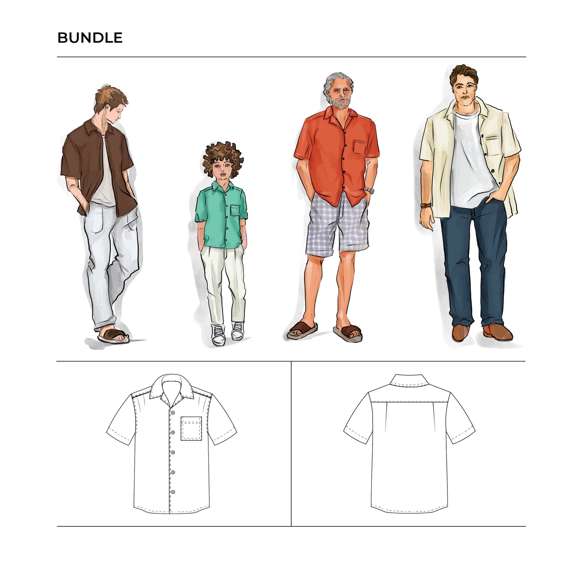 Men's Camp Collar Shirt Sewing Pattern Family Bundle Sizes Boy 5 - Men Plus 7XL