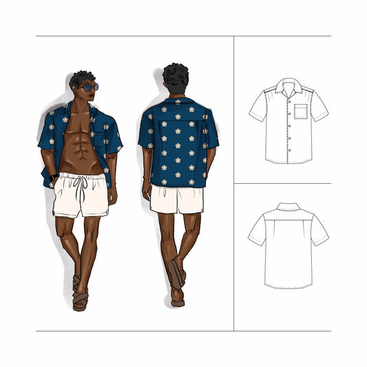 Men's Cuban shirt sewing pattern and fabric kit - PDF sewing pattern and cotton poplin fabric and how to sew tutorials - Size Boy 5 to Men Plus 7XL