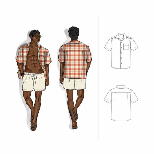 DIY Personalised Gift For Men: Camp Collar Shirt Sewing Pattern Kit includes PDF Pattern, Video tutorials and Cotton Poplin Fabric in Plaid Orange Pink