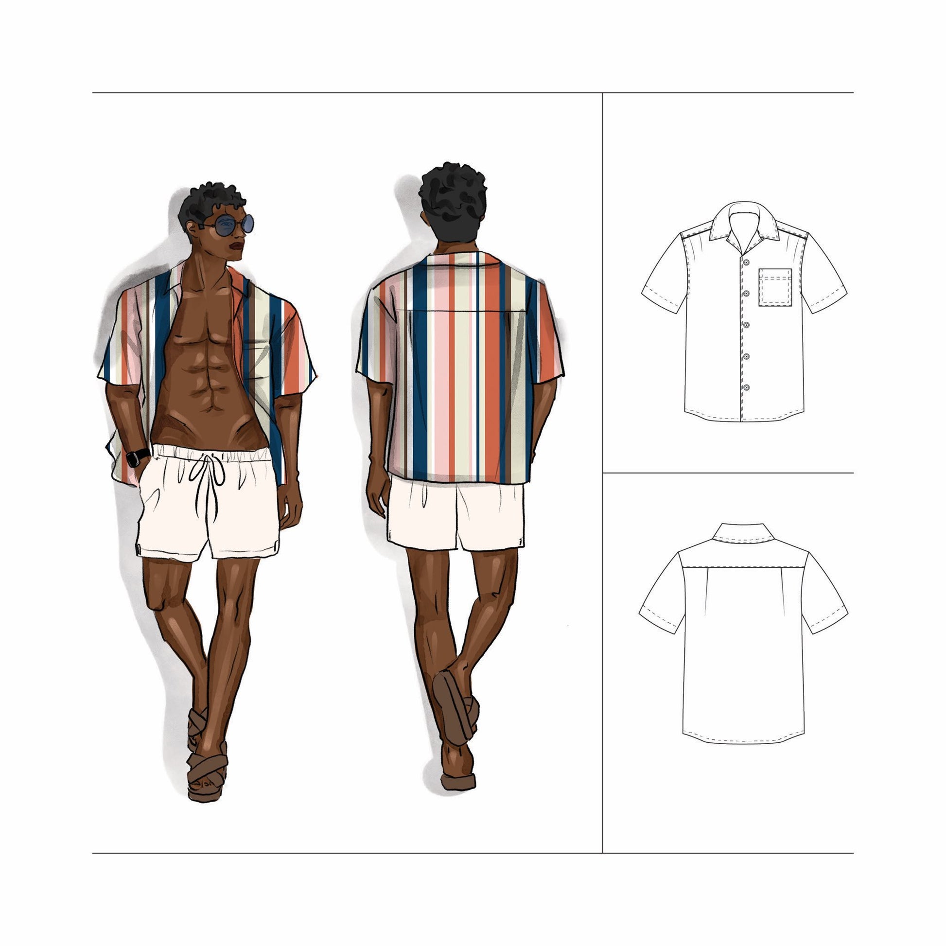 Men Camp Collar Shirt Sewing Kit including Sewing Pattern, Fabric Cotton Poplin in bold summer Stripe Sizes Youth to 7XL