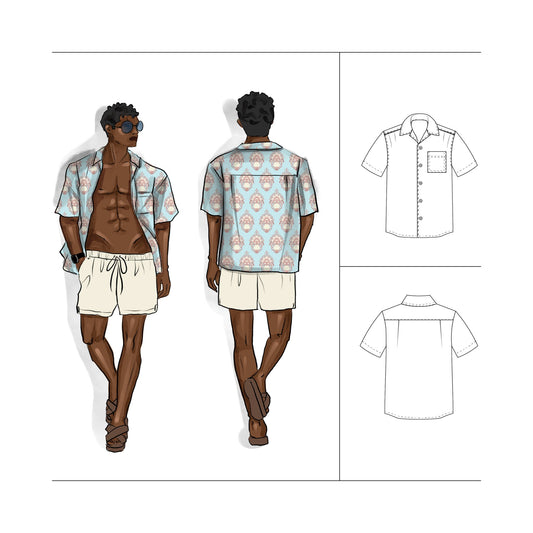 Men's Camp Collar Shirt Sewing Pattern Kit in Damask Blue Size Boy to Men Plus, Perfect BBQ, Beach or Party shirt