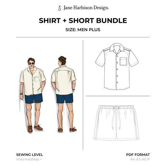 Men's Plus Camp Collar Shirt and Mid Thigh Short Sewing Pattern Bundle 