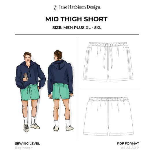 Sewing Pattern PDF Mid Thigh Short, Boxer short or swimmers, Size Men Plus XL-5XL