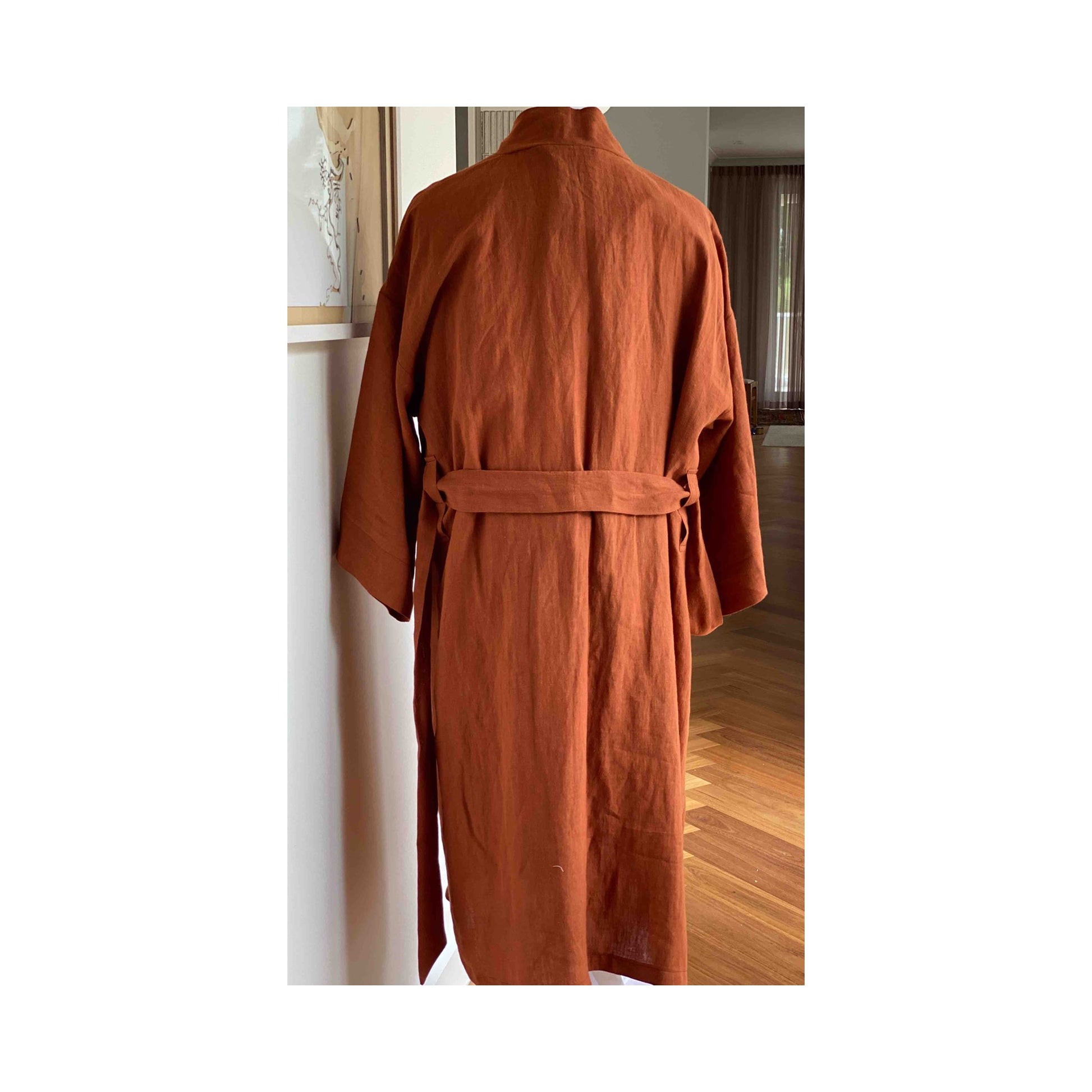Box Sleeve Men's Dressing Gown - back PDF sewing pattern in linen: Size Men S - 2XL