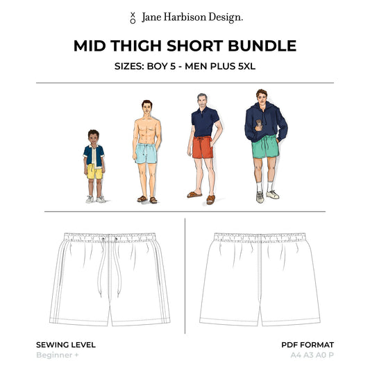 Sewing Pattern PDF Mens Mid Thigh Lounge Short Bundle, Size Boy 5 - Men Plus 5XL