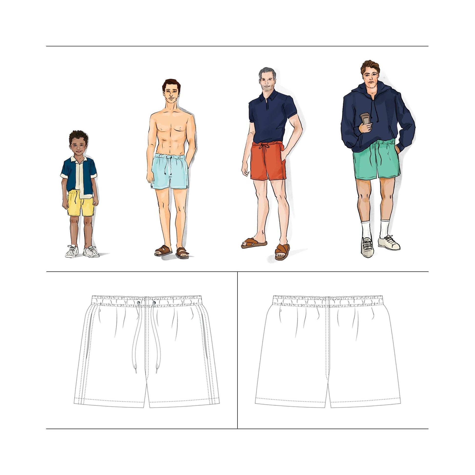 Mens Mid Thigh Lounge Short Bundle, Size Boy 5 - Men Plus 5XL Sewing Pattern PDF 