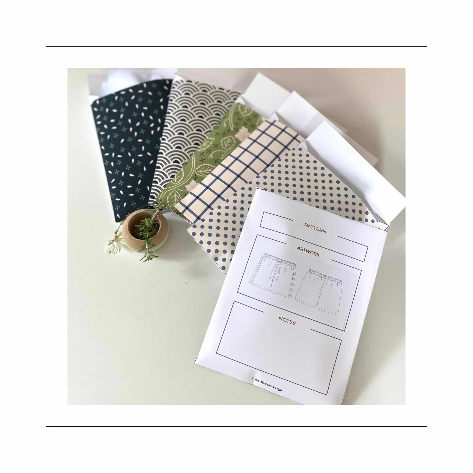 Sewing pattern envelopes PDF printable set of 6 designs by Jane Harbison Design