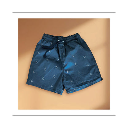 Boy and men mid thigh short front view sewing pattern with side pockets, leg slits for movement, elastic and cord tie waist