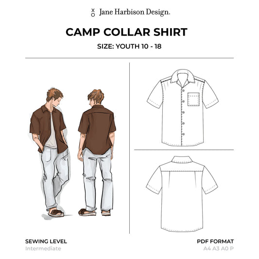 Teen Boy Camp Collar or Hawaiian Shirt Sewing Pattern PDF Size Youth 10-18