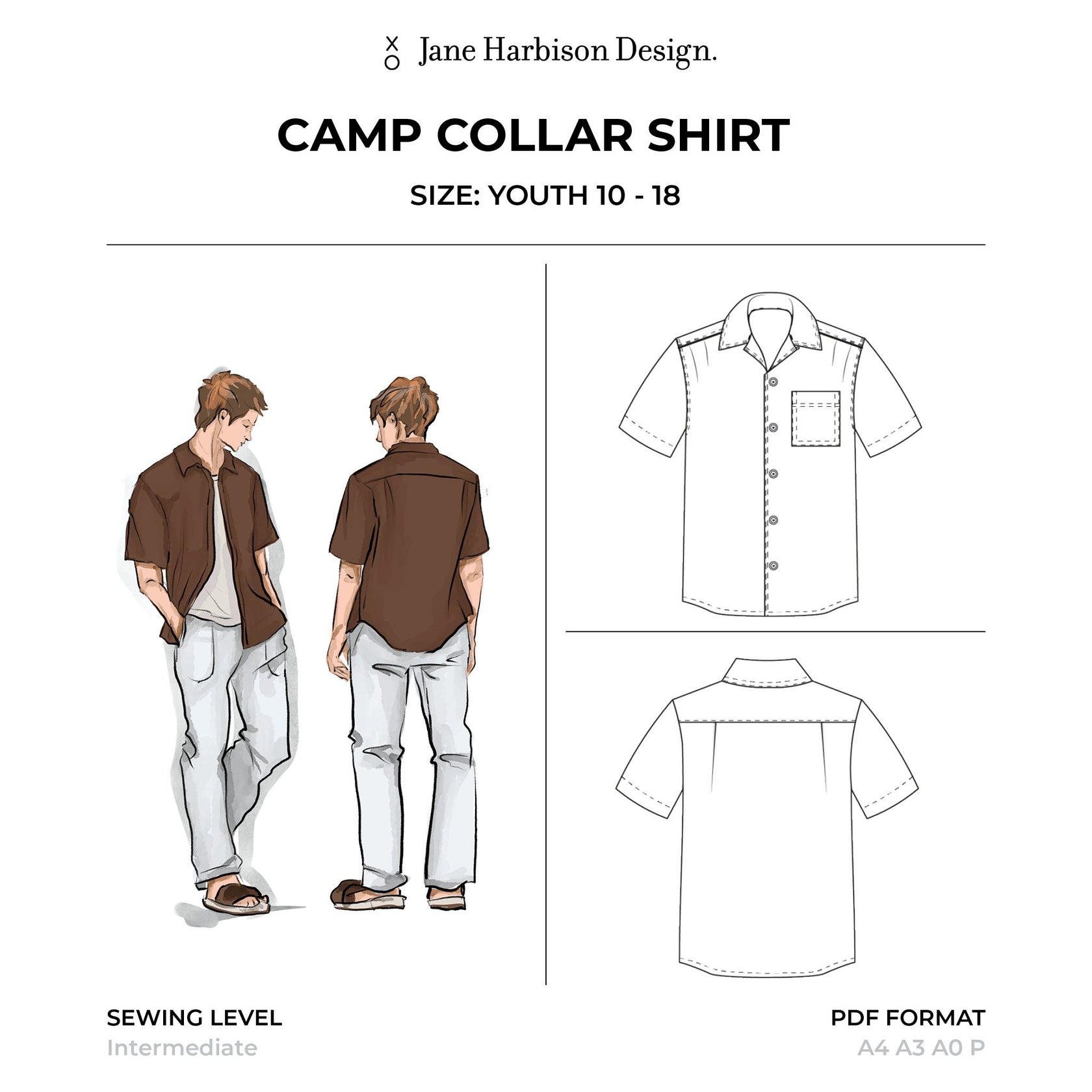 Downloadable Sewing Pattern Boy's Camp Collar Shirt Perfect Gift For Adventurous Teenager