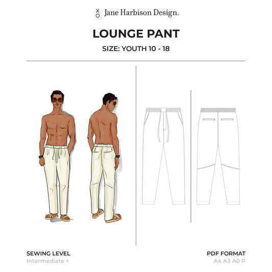 Elastic Waist Lounge Pant Sewing Pattern and video tutorials for Teenage Boy Size 10 - 18 (XS - XL)